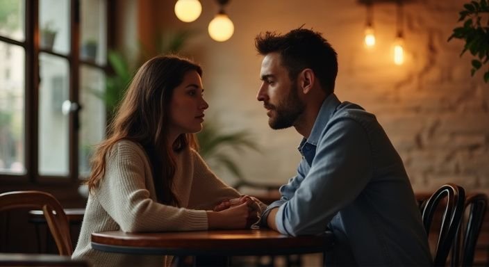 Ein Paar führt ein ernstes Gespräch in einem gemütlichen Café. Vorteile Sex-Dating-Sites: Ein Paar führt ein ernstes Gespräch in einem gemütlichen Café.