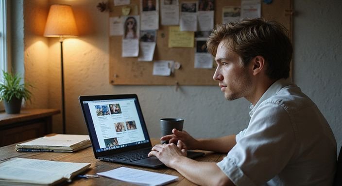 Eine Person untersucht Dating-Profile an einem unordentlichen Schreibtisch. Eine Person untersucht Dating-Profile an einem unordentlichen Schreibtisch.