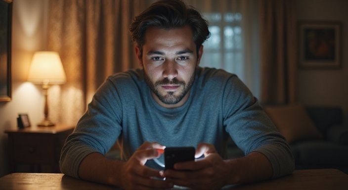 Ein Mann benutzt konzentriert sein Smartphone in einem gemütlichen Raum. Ein Mann benutzt konzentriert sein Smartphone in einem gemütlichen Raum.