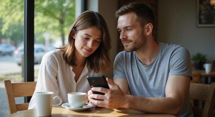 Ein Paar liest gemeinsam Informationen auf einem Smartphone in einem Café. Ein Paar liest gemeinsam Informationen auf einem Smartphone in einem Café.