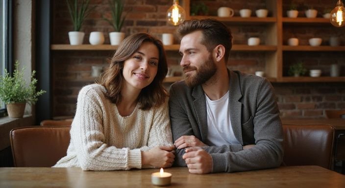 Ein Paar sitzt in einem Café und genießt einen intimen Moment. Ein Paar sitzt in einem Café und genießt einen intimen Moment.