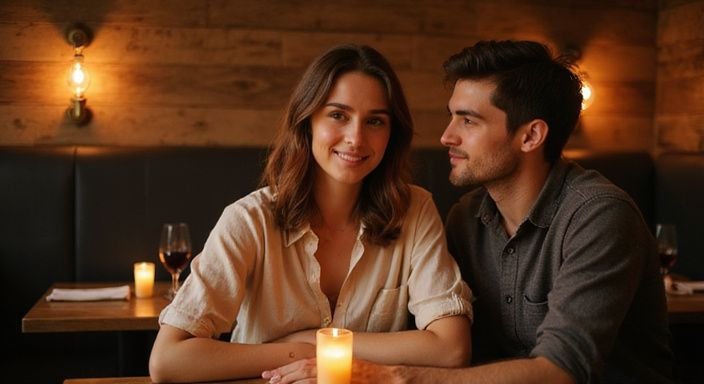 Ein junges Paar genießt entspanntes Gespräch in einem rustikalen Restaurant. Erfolgreiches Date: Ein junges Paar genießt entspanntes Gespräch in einem rustikalen Restaurant.