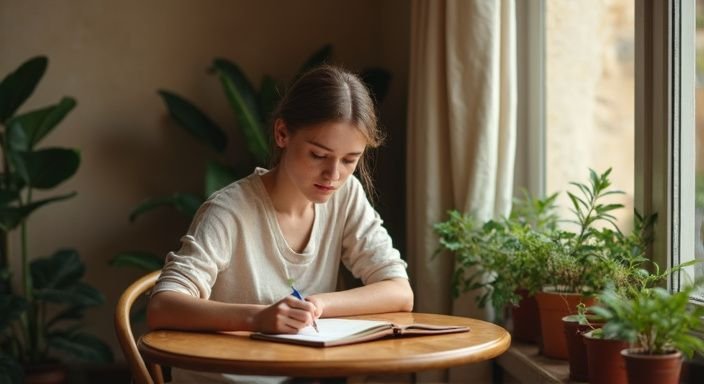 Eine junge Frau schreibt konzentriert in ein Leder-notizbuch. Eine junge Frau schreibt konzentriert in ein Leder-notizbuch.