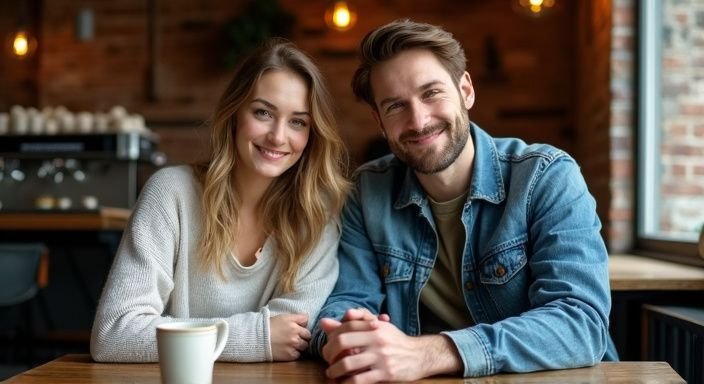 Ein Paar sitzt entspannt in einem gemütlichen Café an einem Tisch. Ein Paar sitzt entspannt in einem gemütlichen Café an einem Tisch.