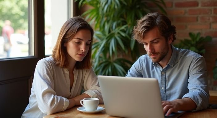 Ein junges Paar arbeitet konzentriert an ihren Laptops in einem Café. Ein junges Paar arbeitet konzentriert an ihren Laptops in einem Café.