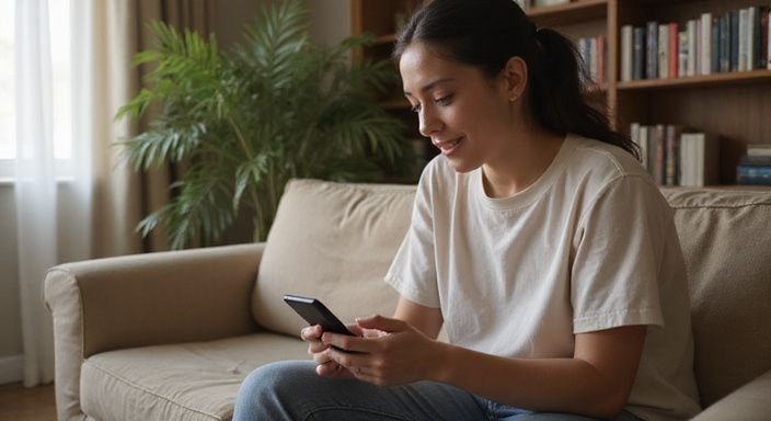 Eine Person sitzt entspannt auf einem Sofa und nutzt ihr Smartphone. Warum eine Sex-Dating-Site wählen? Eine Person sitzt entspannt auf einem Sofa und nutzt ihr Smartphone.