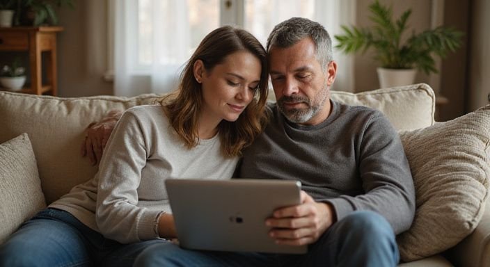 Ein Paar sitzt auf einer Couch und erkundet eine Dating-Website. Warum eine Sex-Dating-Site wählen? Ein Paar sitzt auf einer Couch und erkundet eine Dating-Website.